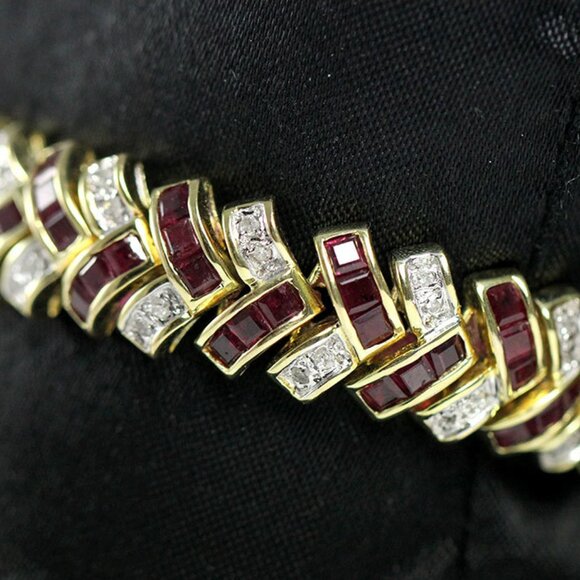 VINTAGE RUBY & DIAMOND COCKTAIL 14K YELLOW GOLD STRAP BRACELET 7 - Picture 5 of 10